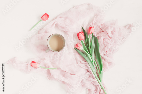Composition with coffee and pink tulip. Valentine's Day. Flat lay, top view