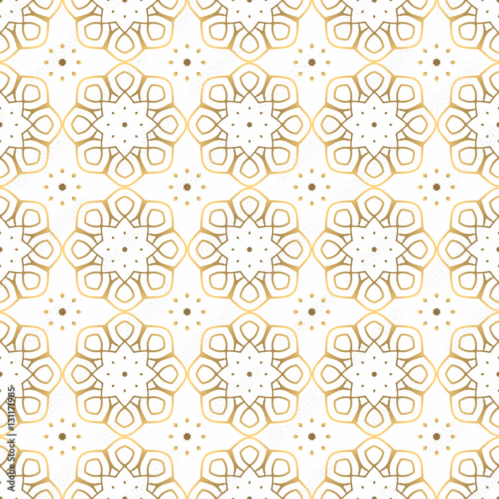 Seamless pattern of gold arabesques on a white background. Rosette serial rhythmic pattern. Seamless pattern of gold arabesques on a white background. Rosette serial rhythmic pattern.