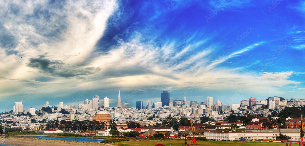 cityscape of San Francisco and skyline in sunny day
