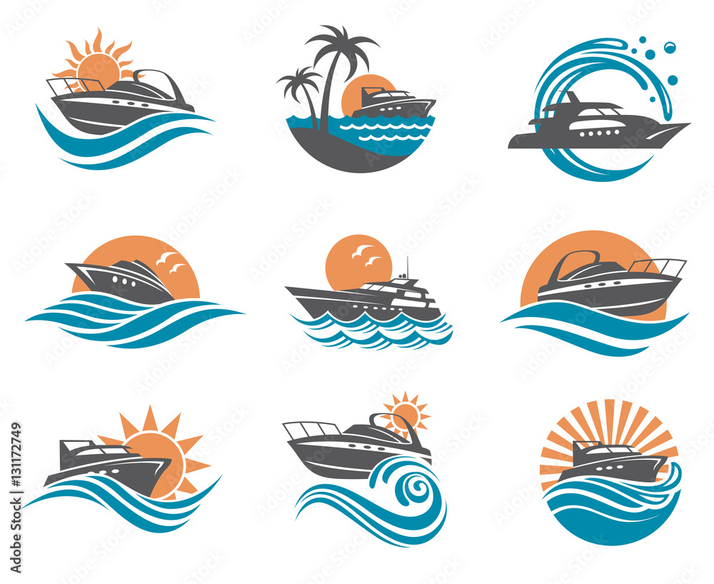 Fototapeta premium collection of speedboat and yacht icons on waves