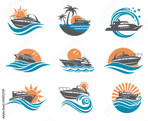 Fotografie, Obraz collection of speedboat and yacht icons on waves