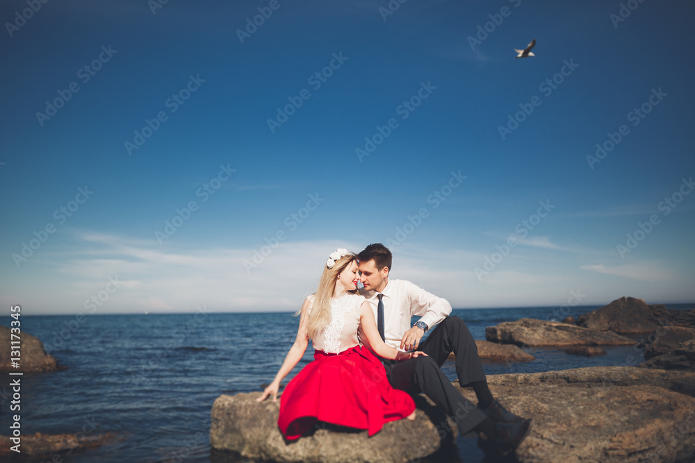 Charming bride, elegant groom on landscapes of mountains and sea Gorgeous wedding couple Charming bride, elegant groom on landscapes of mountains and sea Gorgeous wedding couple