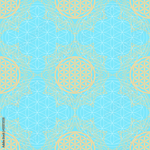 Seamless pattern with a symbol of the Flower of Life in the frame of the mandala. Bold Gold on turquoise background. Sacred Geometry. The ancient symbol of the Seed of Life.