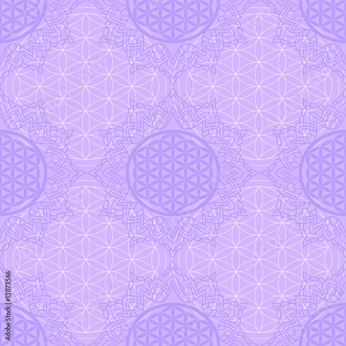 Seamless pattern with a purple symbol of the Flower of Life in the frame of the mandala. Sacred Geometry. The ancient symbol of the Seed of Life.