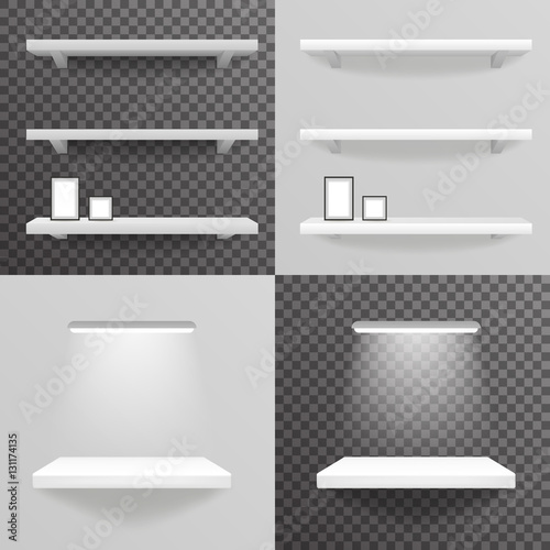 White shelf hanging on a wall with light photo frame gray and transparent background 3d realistic design vector illustration