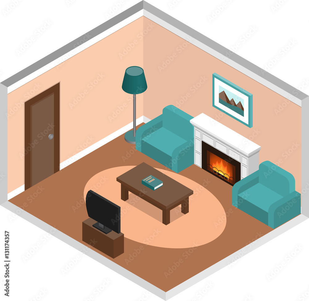 Living room design. Interior in isometric style with fireplace, furniture, TV and door. Vector 3D illustration. Living room design. Interior in isometric style with fireplace, furniture, TV and door. Vector 3D illustration.