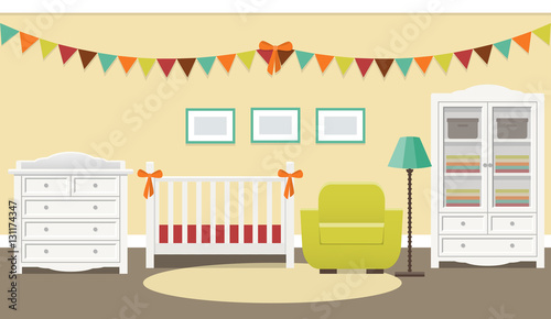 Retro nursery design. Baby room interior with white furniture for newborn in flat style. Vector illustration.