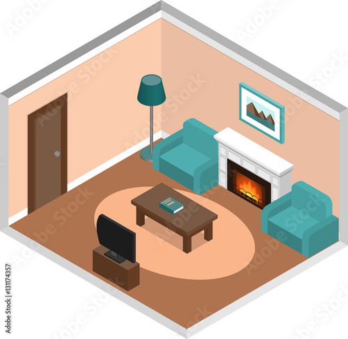 Living room design. Interior in isometric style with fireplace, furniture, TV and door. Vector 3D illustration.