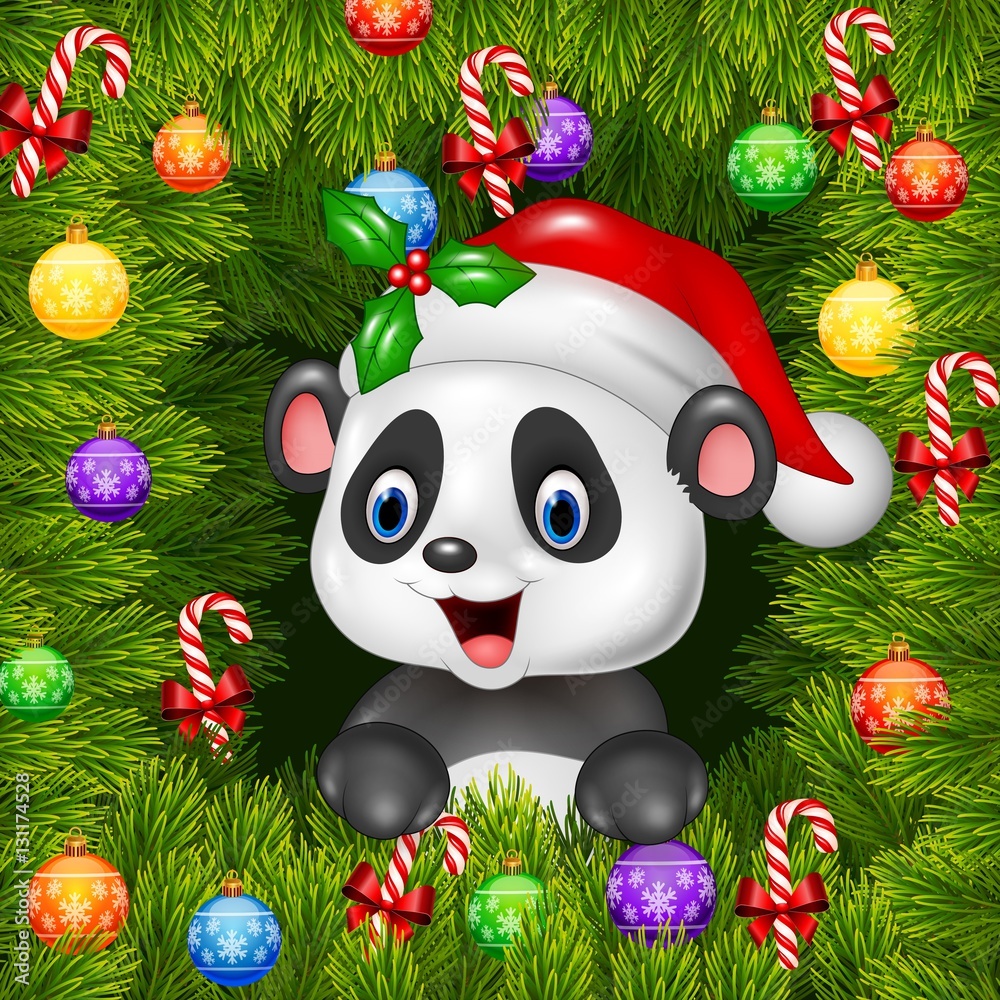 Fototapeta premium Christmas background with happy panda bear