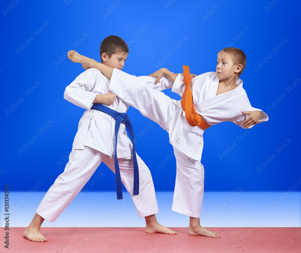 Punch arm and blow leg are training athletes in karategi Punch arm and blow leg are training athletes in karategi
