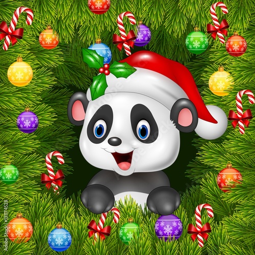 Fototapeta Naklejka Na Ścianę i Meble -  Christmas background with happy panda bear
