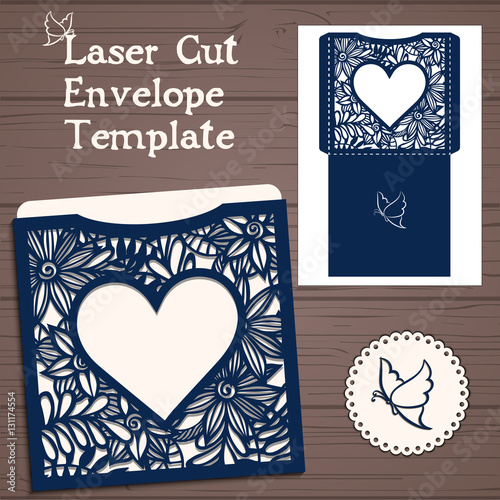 Lasercut vector wedding invitation template. Wedding invitation envelope with flowers for laser cutting. Lace gate folds.Laser cut vector.