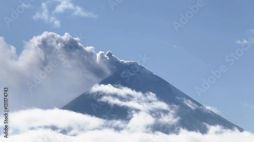 Explosive-effusive eruption of the Klyuchevskaya Sopka (Klyuchevskoy Volcano). The volcano constitutes a potential hazard to international and local airlines at Kamchatka. Russian Far East, Eurasia.