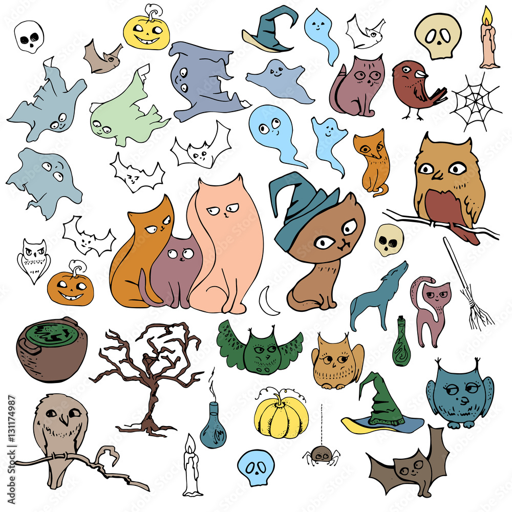 Fototapeta premium Halloween set with different animals isolated on white. Contour,color