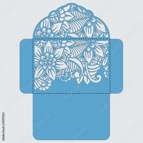 Lasercut vector wedding invitation template. Wedding invitation envelope with flowers for laser cutting. Lace gate folds.Laser cut vector.