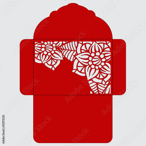 Lasercut vector wedding invitation template. Wedding invitation envelope with flowers for laser cutting. Lace gate folds.Laser cut vector.