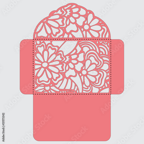 Lasercut vector wedding invitation template. Wedding invitation envelope with flowers for laser cutting. Lace gate folds.Laser cut vector.