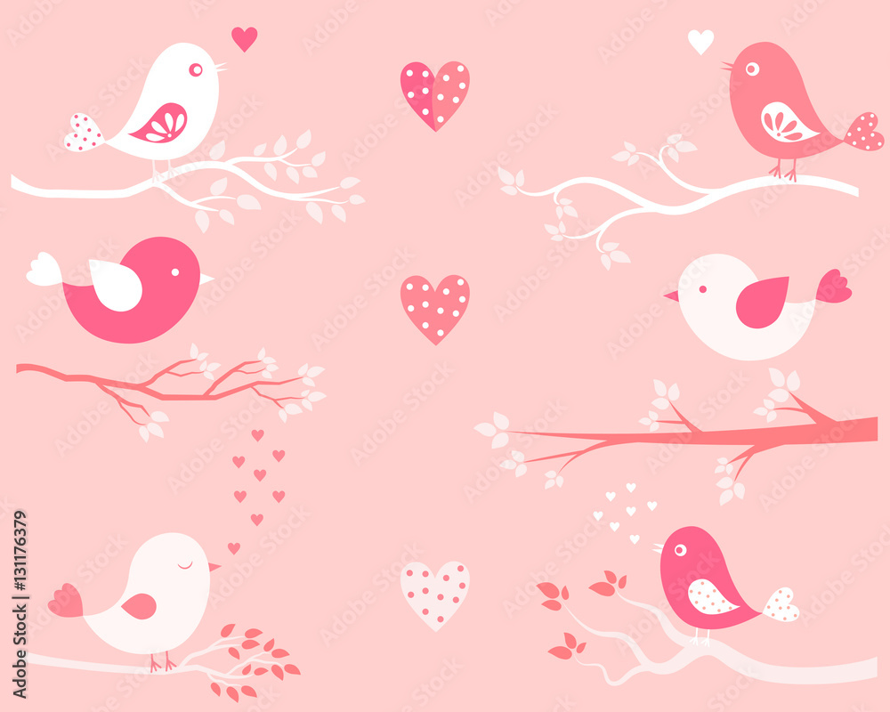 Valentine's day greeting card or background with cute birds and tree branches