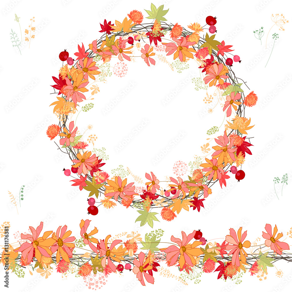 Round autumn wreath and horizontal border on white background.