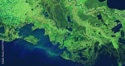 High-altitude overflight aerial of lower Mississippi River and deltas, Louisiana (infrared/green light enhanced). Clip loops and is reversible. Elements of this image furnished by USGS/NASA Landsat