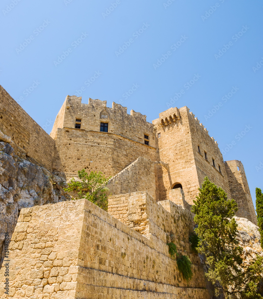 Ancient Lindos town stone walls at Rhodes, Greece.