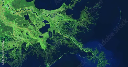 High-altitude overflight aerial of lower Mississippi River and deltas, Louisiana (infrared/green light enhanced). Clip loops and is reversible. Elements of this image furnished by USGS/NASA Landsat photo