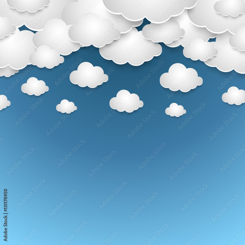 Abstract blue sky with white paper clouds vector background.