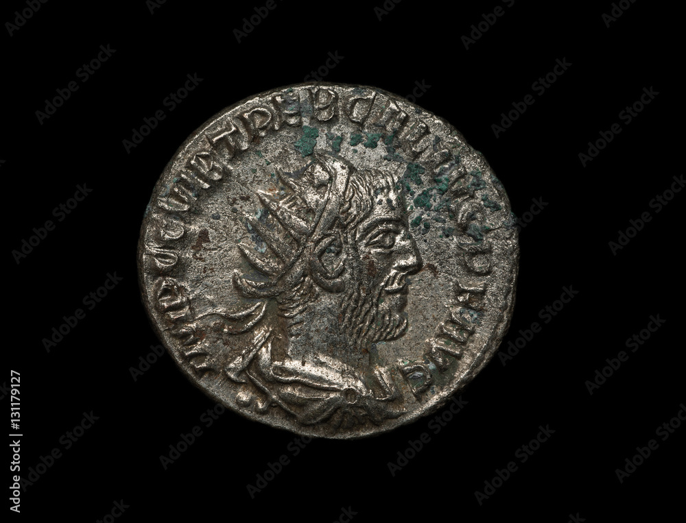 Ancient roman silver coin of Trebonianus emperor isolated on black Ancient roman silver coin of Trebonianus emperor isolated on black