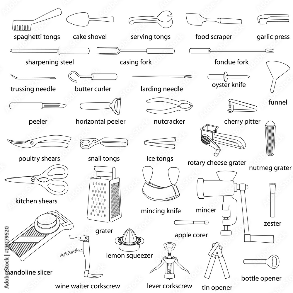 Kitchen utensils illustrations set. Cooking, dinner service, with names.  White flat outlined images of kitchenware. Isolated design elements, white  background. Vector. Stock Vector | Adobe Stock
