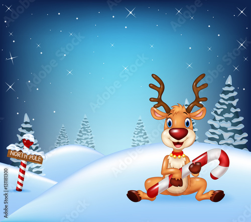 Cartoon Christmas deer in winter time