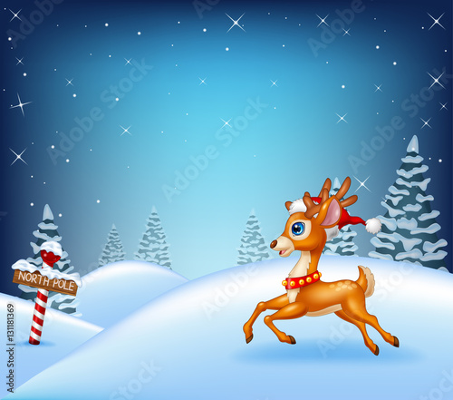 Cartoon Christmas deer running in winter time