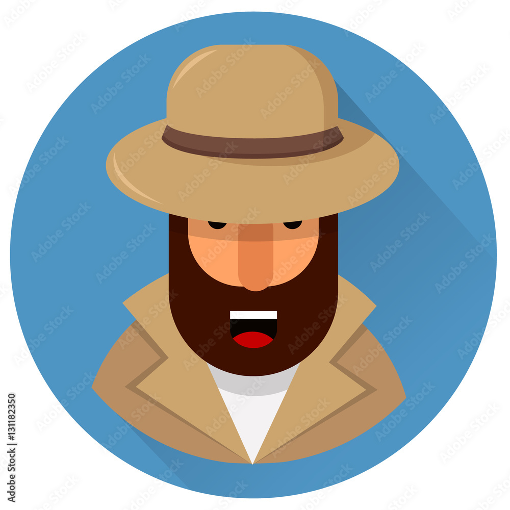 Private detective in light brown hat and coat. Geometric bearded character. Vector illustration. Design element. EPS10