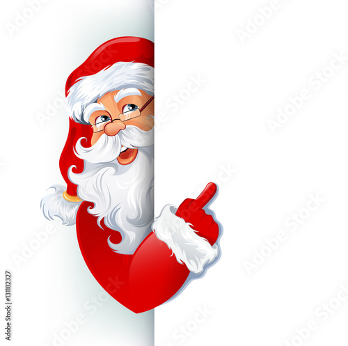 Happy smiling Santa Claus standing behind a sign, showing on big blank sign. Vector illustration. EPS10