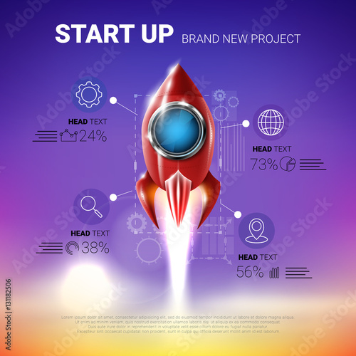 Shiny red metal rocket. Infographic template. Vector design element. Rocket launch. Project start up concept