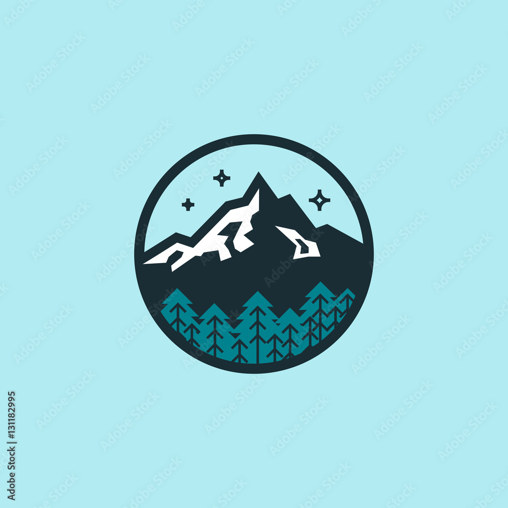 Flat vector colored logo of lone mountain. Hexagon badge.