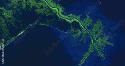 High-altitude overflight aerial of lower Mississippi River and deltas, Louisiana (infrared/green light enhanced). Clip loops and is reversible. Elements of this image furnished by USGS/NASA Landsat photo