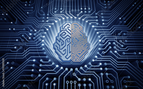 Cybernetic Brain. Electronic chip in form of human brain in electronic cyberspace. Illustration on the subject of 'Artificial Intelligence'.