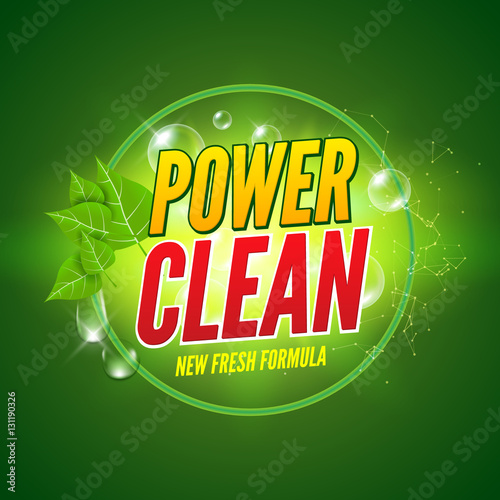 Soap package design. Vector wash soap background. Laundry detergent package design banner. Powder to wash clothing. Power fresh product with mint.