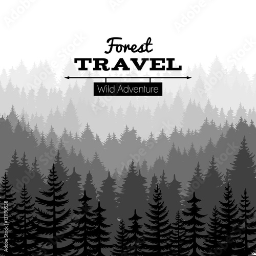 Lumber sketch nature poster with mountains. Vector pine tree forest silhouette background