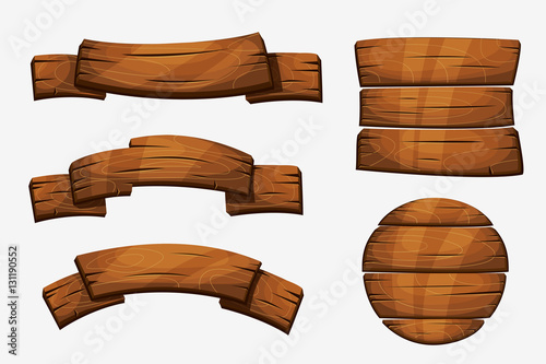 Cartoon wooden plank signs. Wood banner vector elements isolated on white background