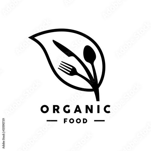 Organic food logo with abstract leaf and fork, knife and spoon icon. Vector illustration.