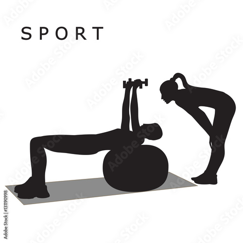 sketch of a woman trainer conducts classes young man exercise with dumbbells on a ball isolated vector white background Sport Yoga