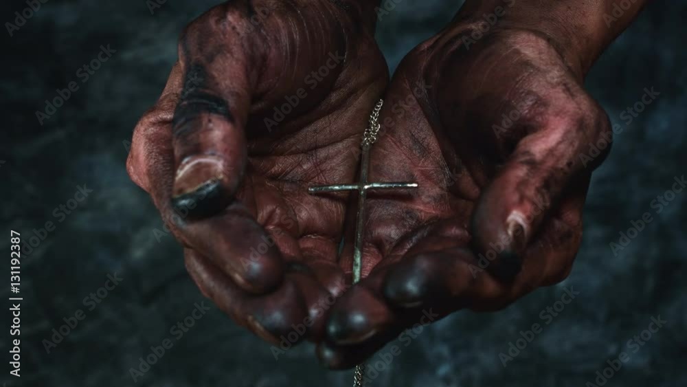 4k Religious Composition of Dirty Mechanic Hands Holding Cross 4k Religious Composition of Dirty Mechanic Hands Holding Cross