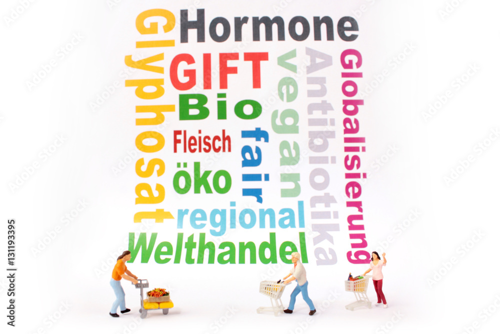 Schriften mit Hormone Gift Globalisierung Antibiotika regioal Welthandel  vegan Fleisch öko Bio Glyphosat und Spielzeugfiguren – Stock-Foto | Adobe  Stock