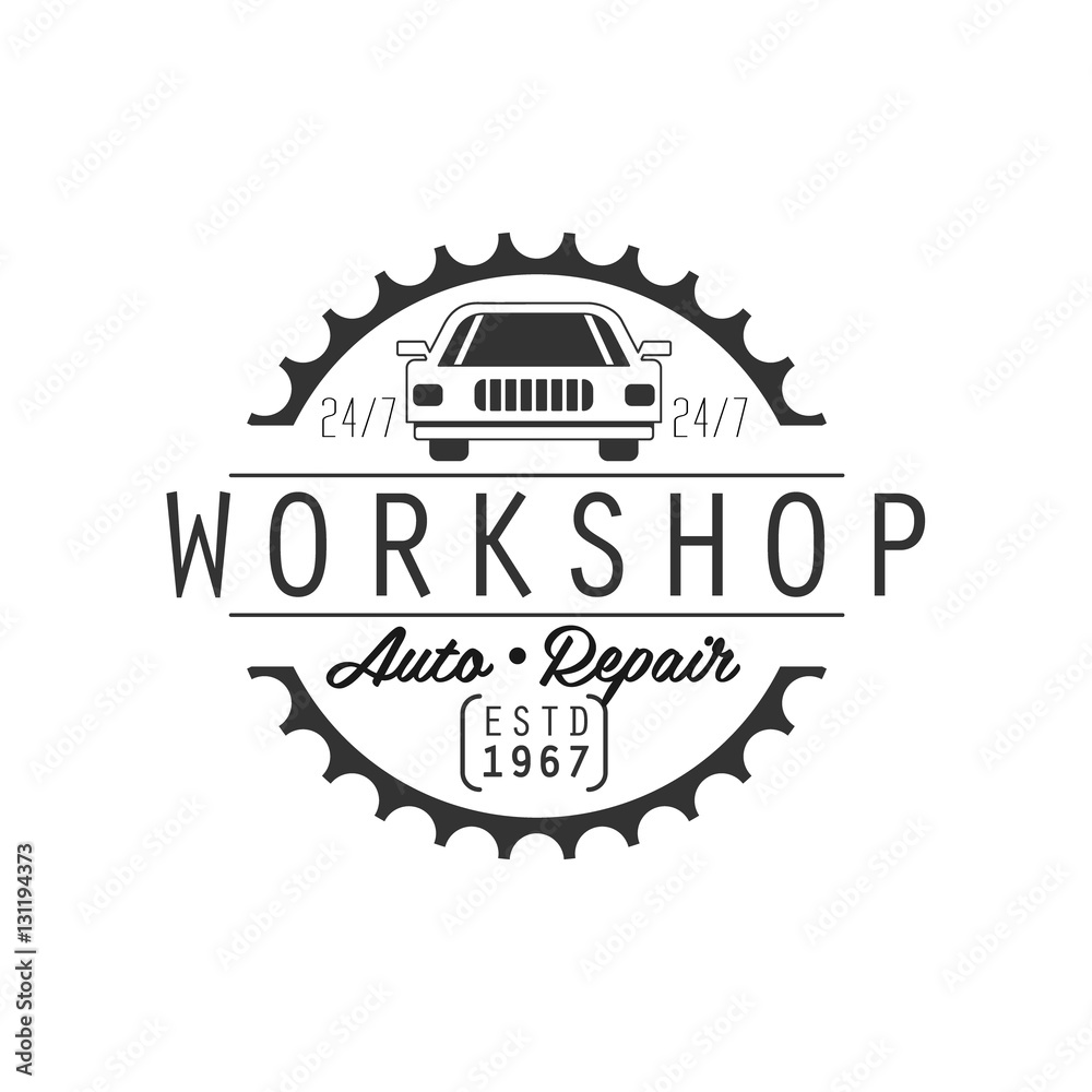 Auto Repair Workshop Black And White Label Design Template With Establishment Date Auto Repair Workshop Black And White Label Design Template With Establishment Date