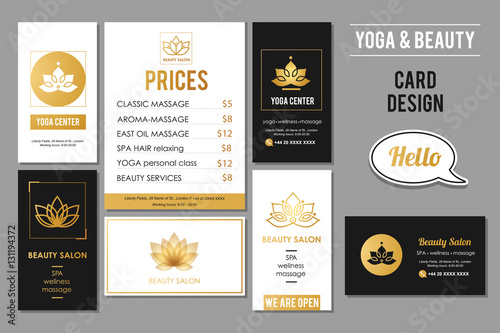 Beauty Salon and Yoga business cards design. Vector golden card templates for beauty and wellness services.