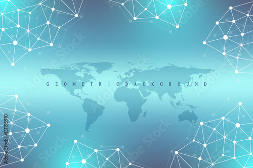 Geometric graphic background communication with World Map. Big data complex with compounds. Perspective backdrop. Minimal array. Digital data visualization. Scientific cybernetic vector illustration.