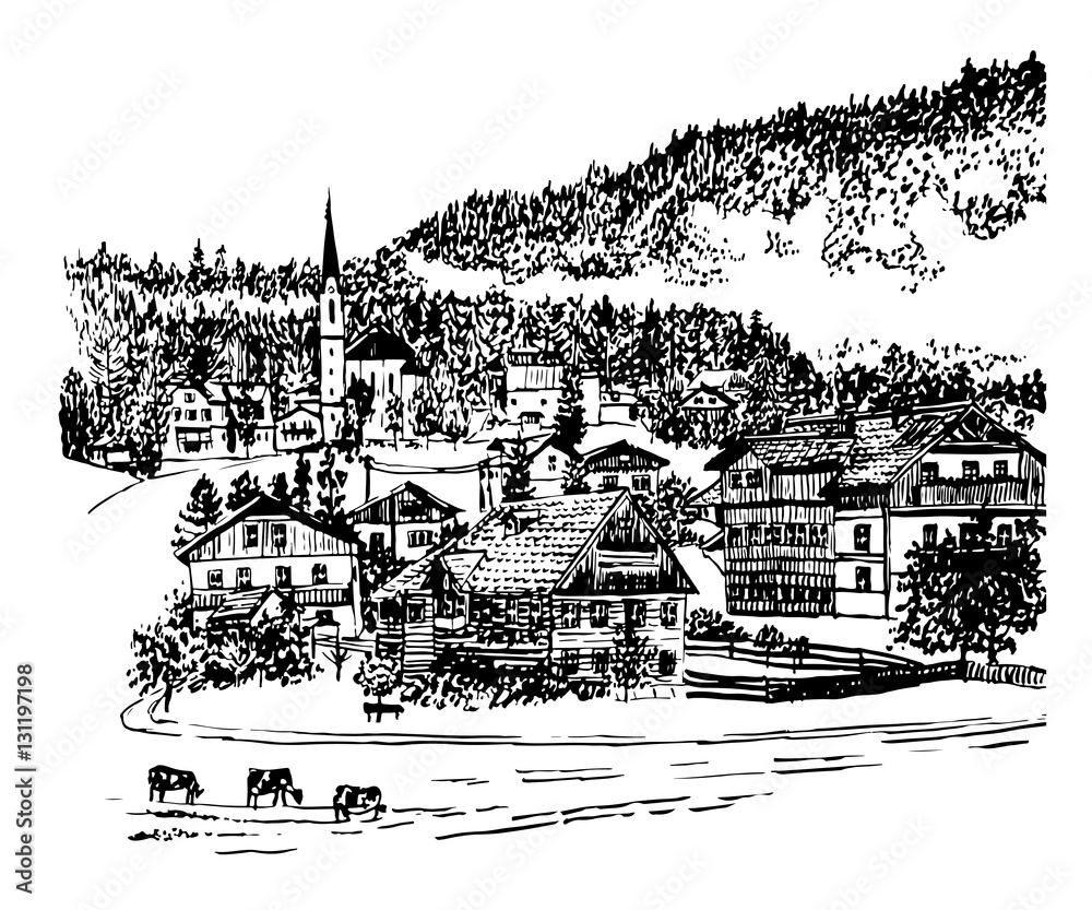 drawing Alpine village in Tyrol, Austria, sketch hand drawn vector illustration