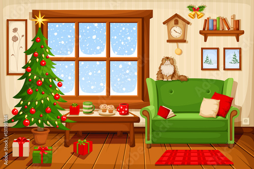 Vector illustration of Christmas living room with fir-tree, sofa and snowfall behind the window.