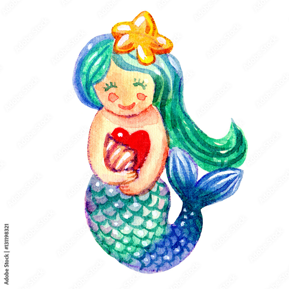 Cute watercolor mermaid with shell illustration isolated on a white background